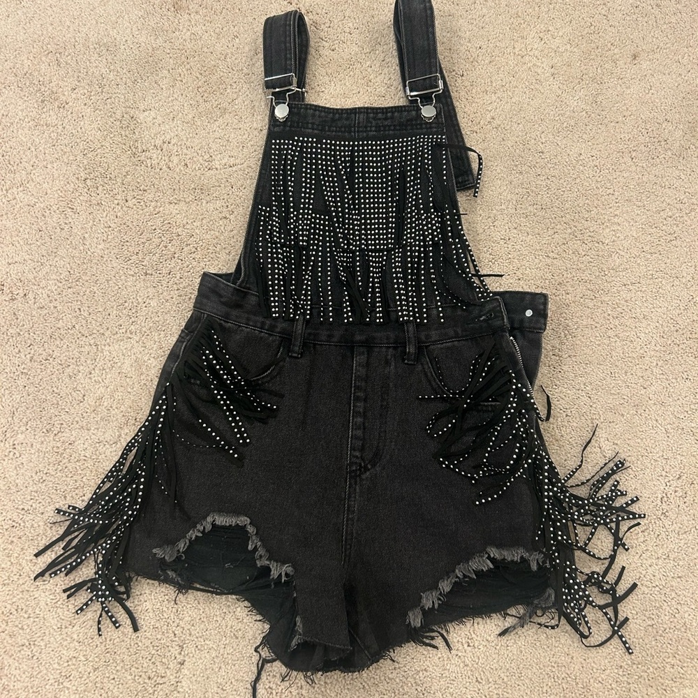 Black Rhinestone Shorts Overalls